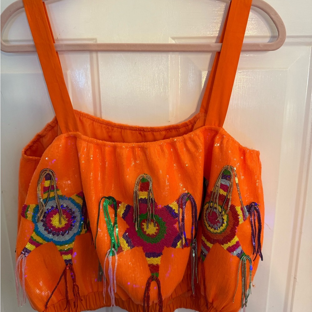 QUEEN OF SPARKLES Bright Orange Piñata Sequin Crop Top - Picture 2 of 3